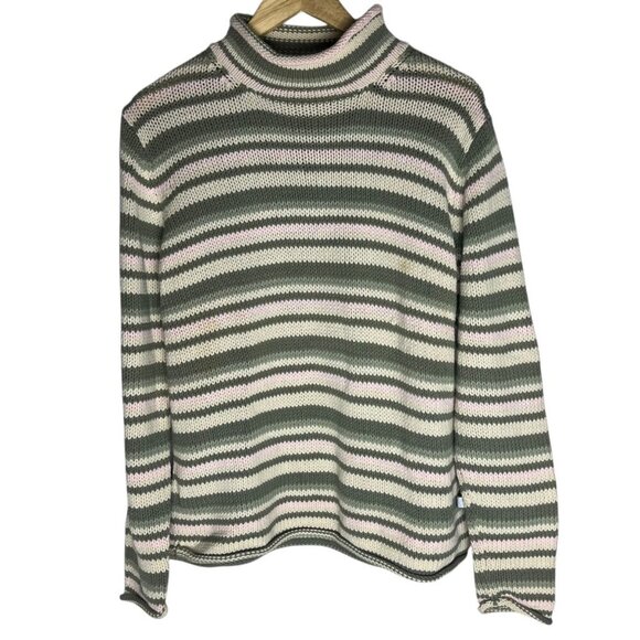 Eddie Bauer‎ Women's L Knit Turtleneck Sweater Sage Green Cream Stripe Chunky - Picture 1 of 5